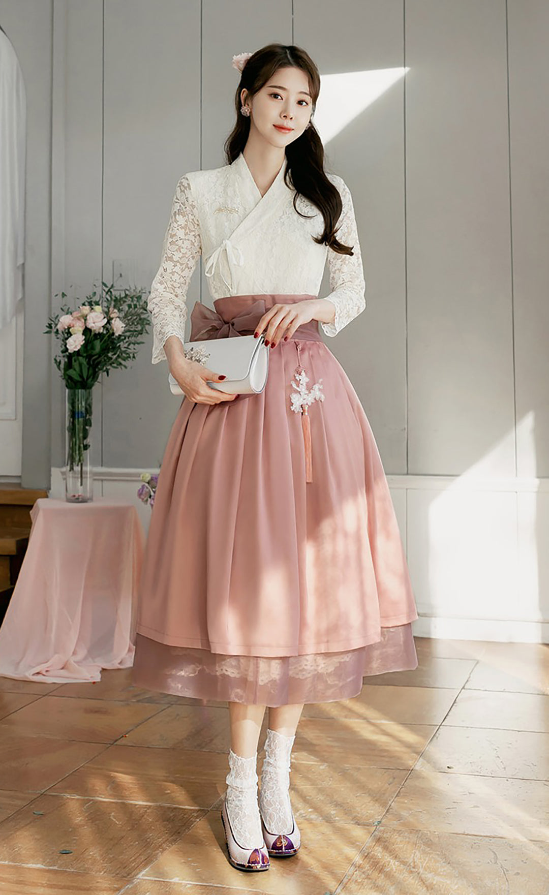 Korean Modern Hanbok Ivory Lace Dress Fancy Casual Daily Clothing Fusion Hanbok CHD212