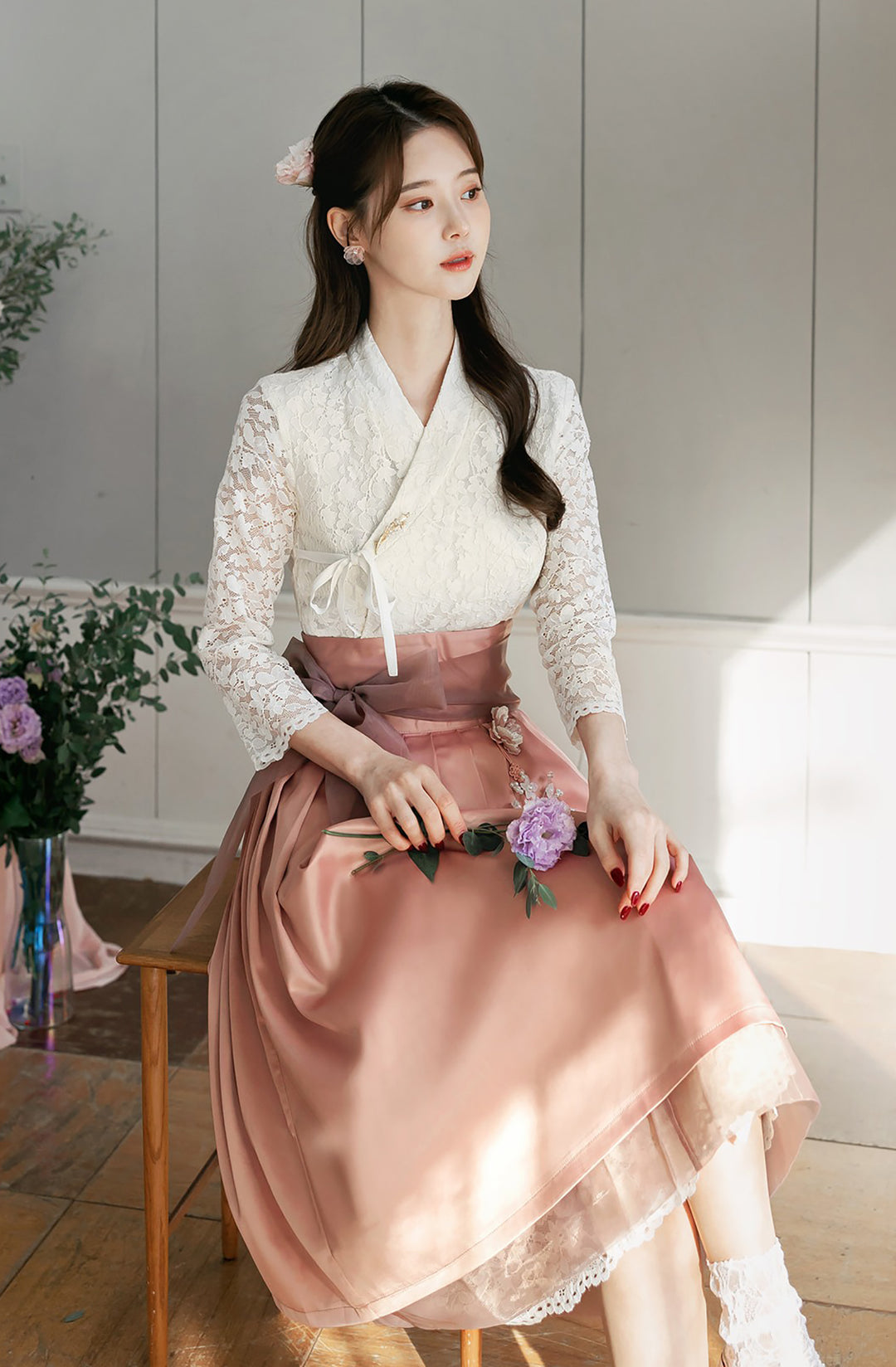 Korean Modern Hanbok Ivory Lace Dress Fancy Casual Daily Clothing Fusion Hanbok CHD212