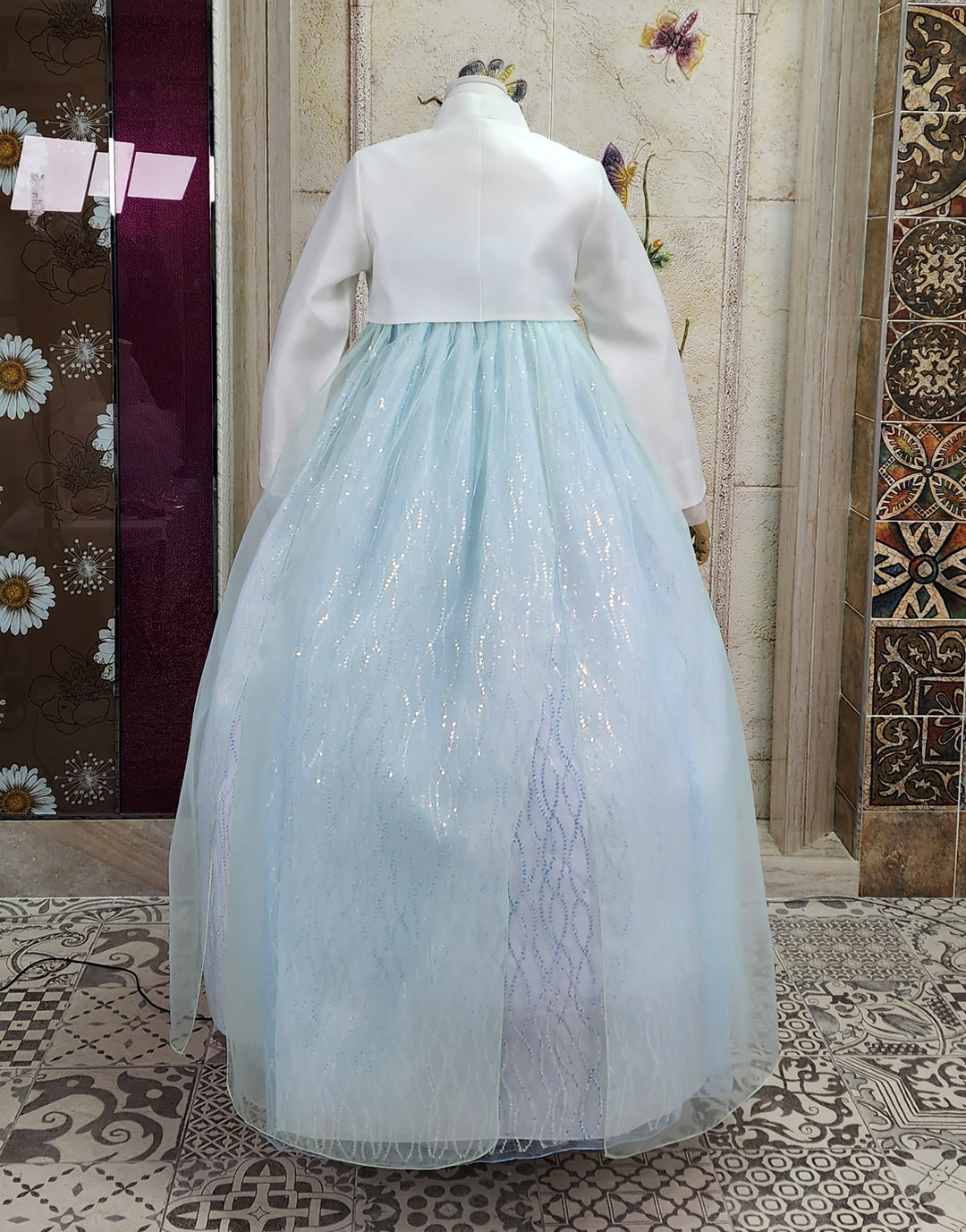 Korean Traditional Woman Personal Custom Hanbok Wedding Party Ceremony Ivory Blue Beads Skirt Hanbok 141