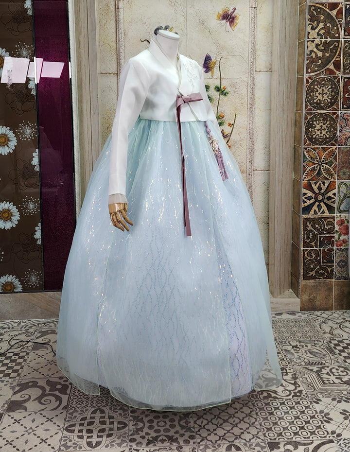 Korean Traditional Woman Personal Custom Hanbok Wedding Party Ceremony Ivory Blue Beads Skirt Hanbok 141