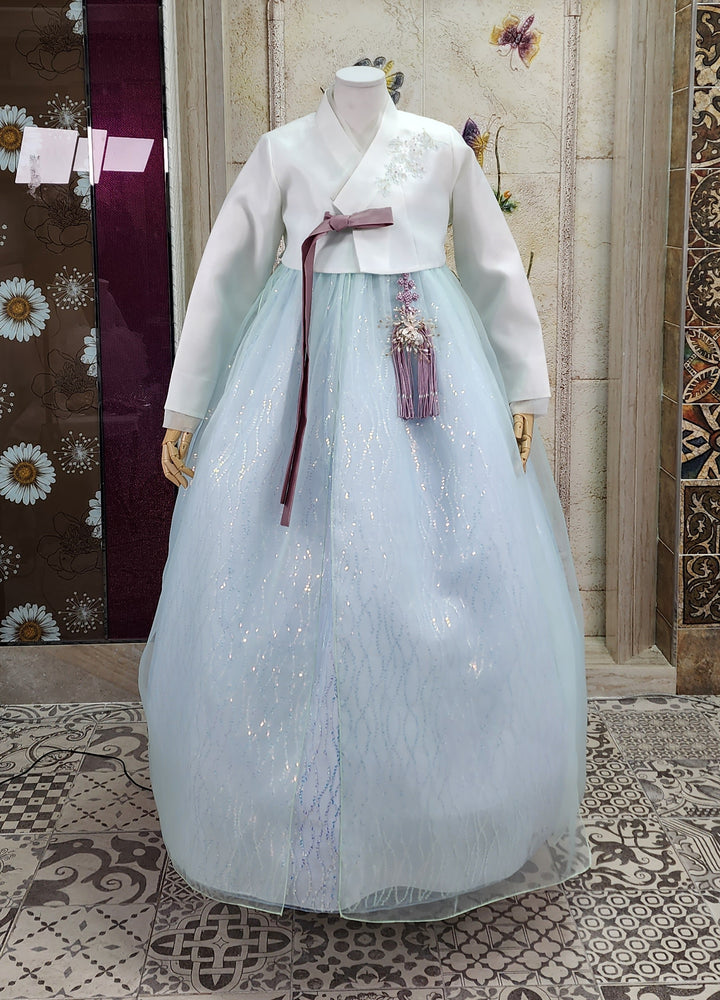 Korean Traditional Woman Personal Custom Hanbok Wedding Party Ceremony Ivory Blue Beads Skirt Hanbok 141