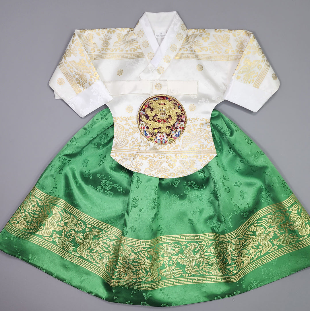 Hanbok Girl Baby Korea Traditional Clothing Set First Birthday Celebration Party Celebration 1–10 Years White Green Skirt Gold Print HG124