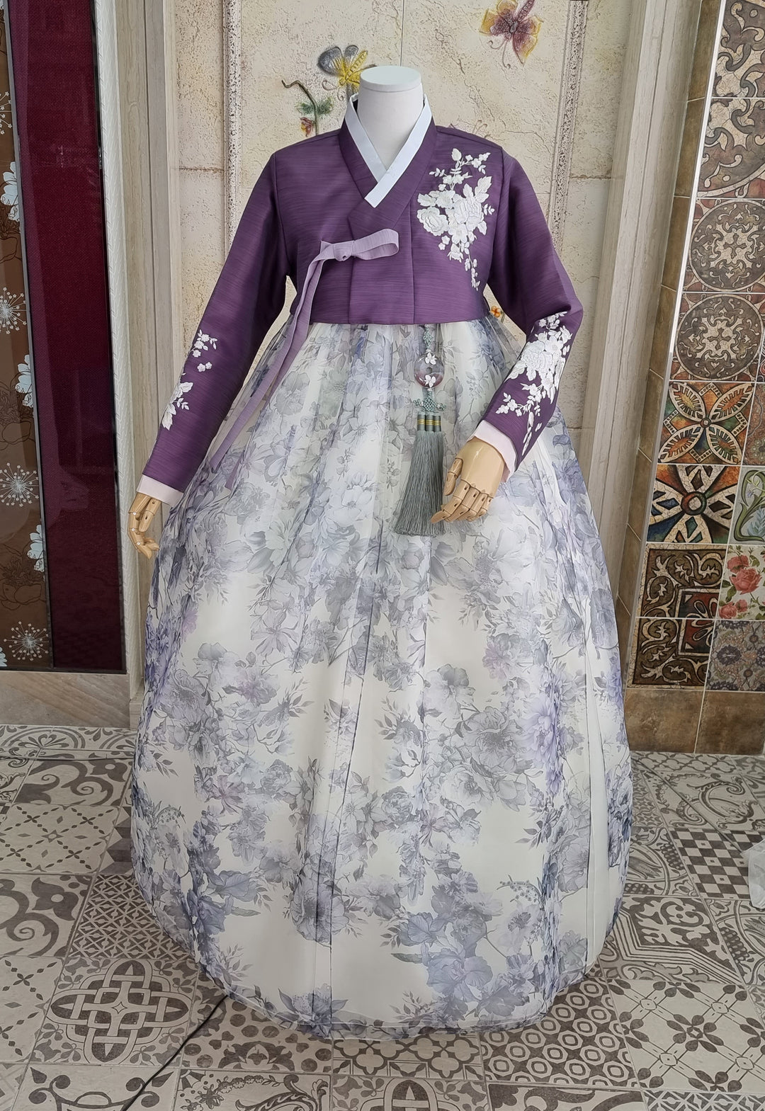 Korean Traditional Woman Personal Custom Hanbok Wedding Party Ceremony Purple Flower Print Hanbok Skirt Mom Grandmom Hanbok OSW140