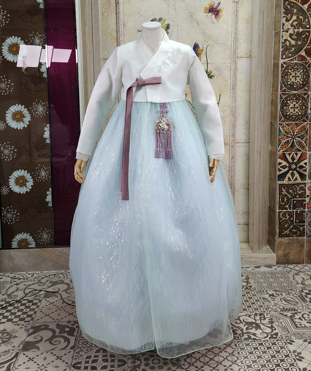 Korean Traditional Woman Personal Custom Hanbok Wedding Party Ceremony Ivory Blue Beads Skirt Hanbok 141