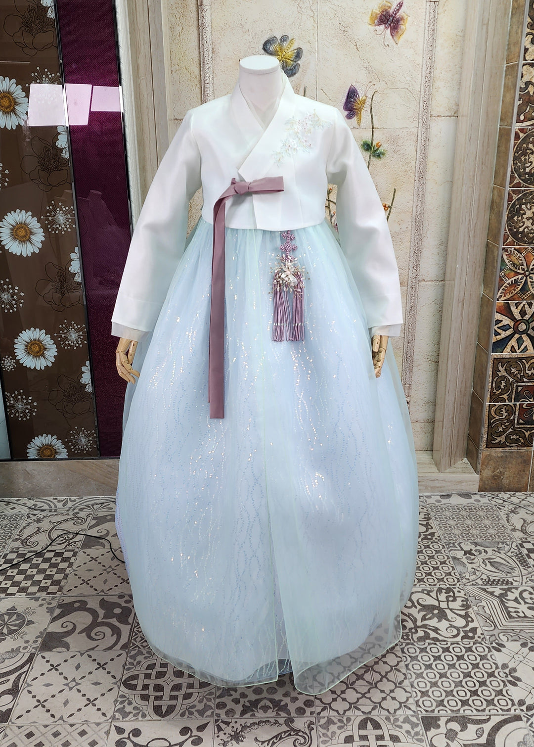 Korean Traditional Woman Personal Custom Hanbok Wedding Party Ceremony Ivory Blue Beads Skirt Hanbok 141