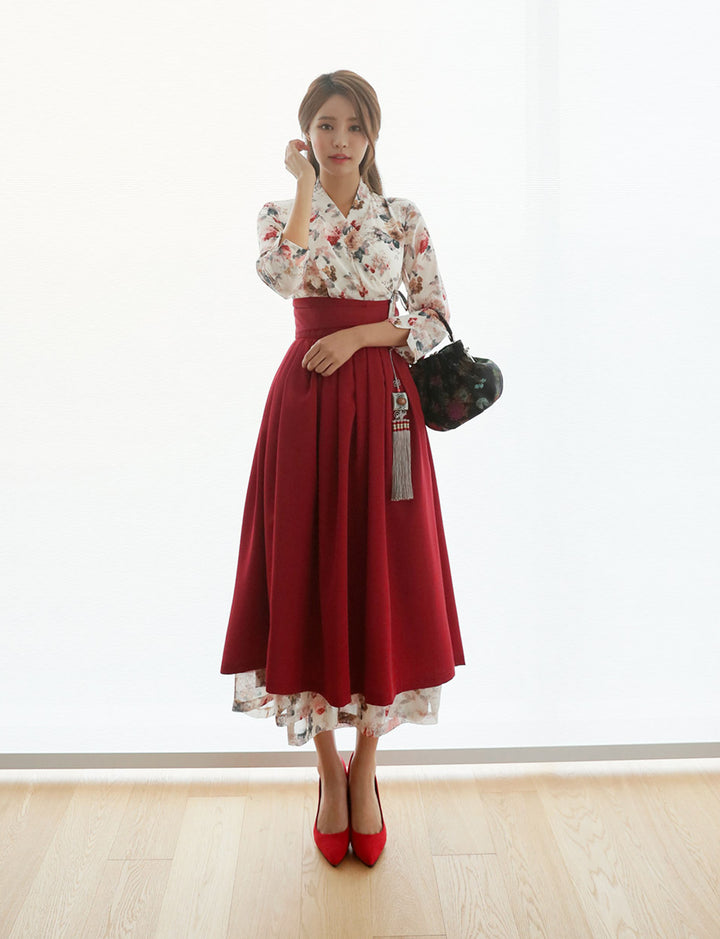 Korean Modern Hanbok Ivory Dress Wine Skirt Fancy Casual Daily Clothing Wrapped Design Fusion Hanbok CHD108