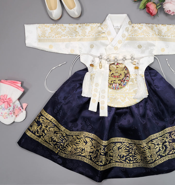 Hanbok Girl Baby Korea Traditional Clothing Set First Birthday Celebration Party Celebration 1–10 Years White Navy Gold Print HG113