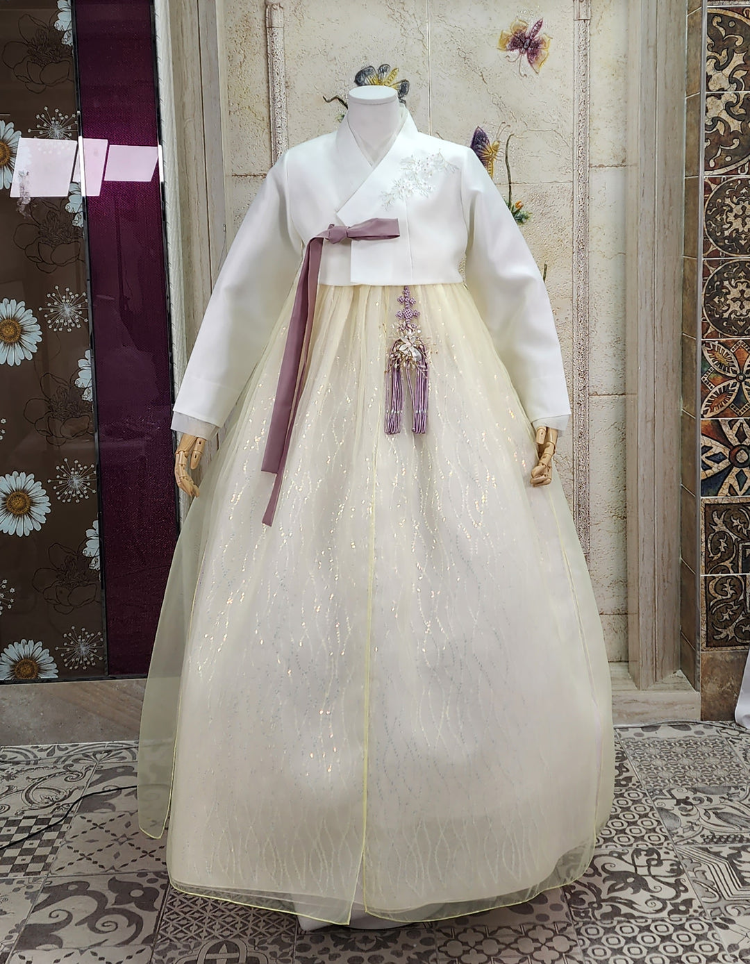 Korean Traditional Woman Personal Custom Hanbok Wedding Party Ceremony Ivory Yellow Beads Skirt Hanbok 317