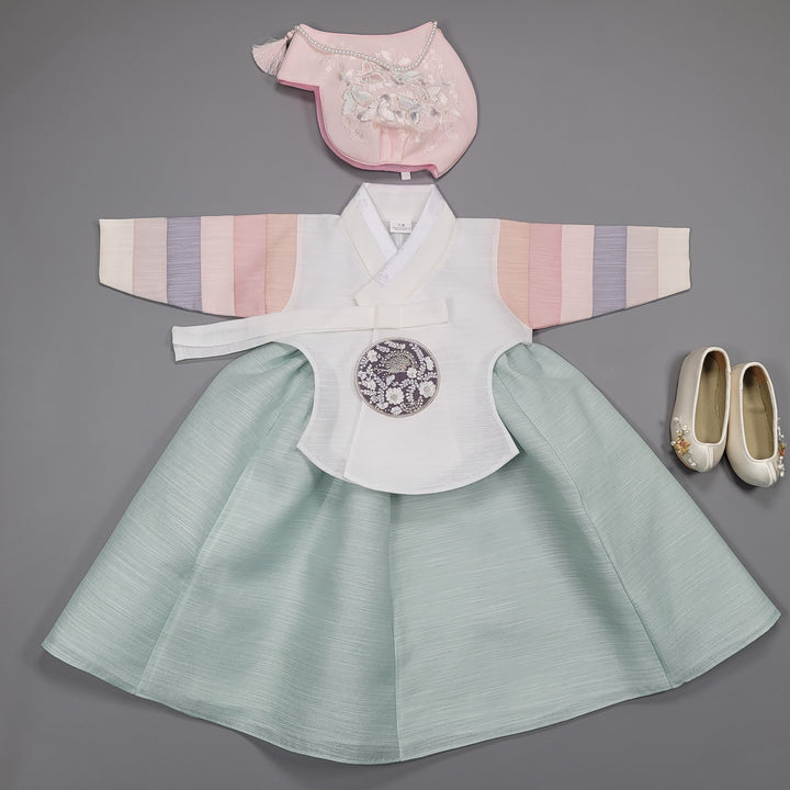 Hanbok Dress Girl Baby Korea Traditional Clothing Set First Birthday Celebration Party 100th Birth1–15 years Ivory 색동 Mint HG153