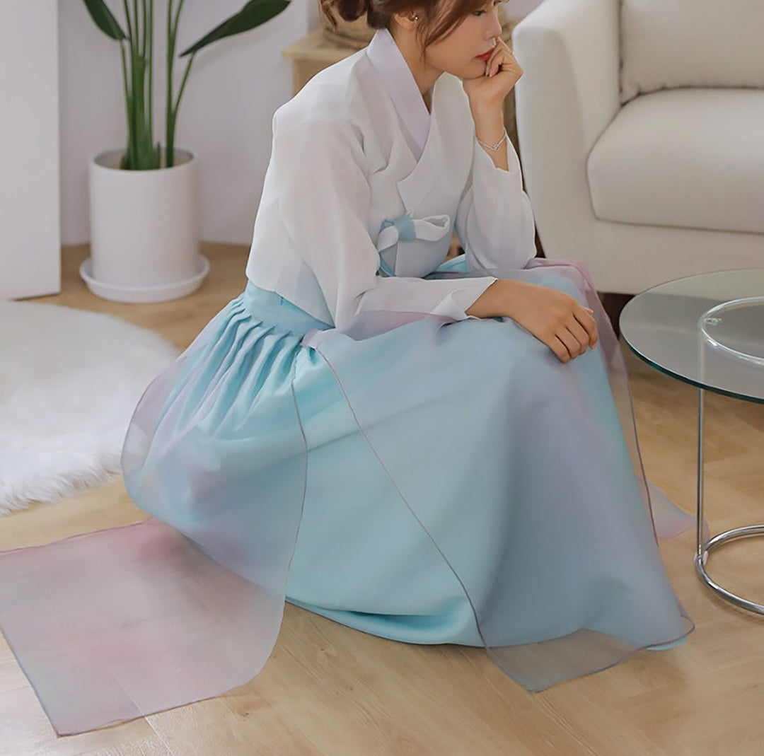 Korean Modern Daily Hanbok Casual Modernized Party Celebration Dress Skirt Rainbow Blue Free One Size SSN008