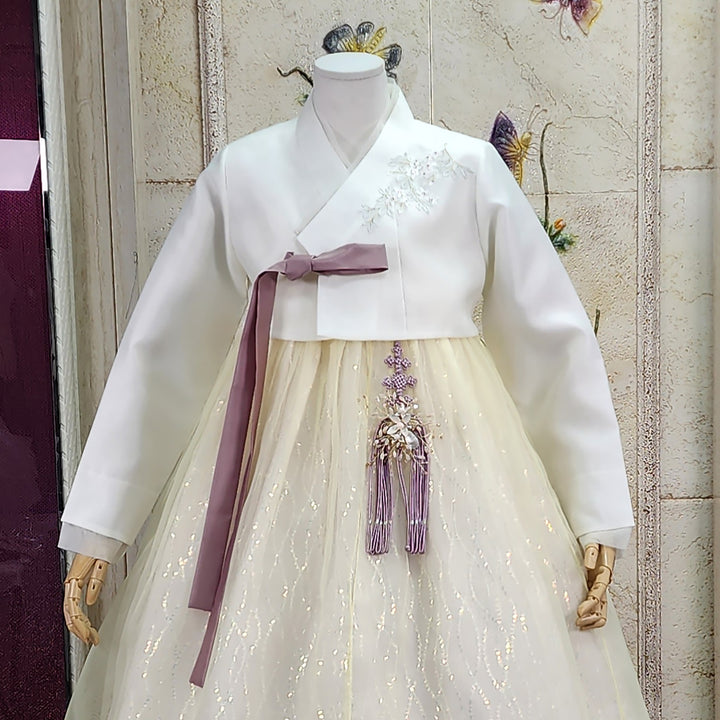 Korean Traditional Woman Personal Custom Hanbok Wedding Party Ceremony Ivory Yellow Beads Skirt Hanbok 317