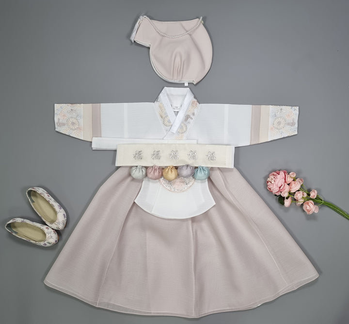 Hanbok Girl Baby Korea Traditional Clothing Set First Birthday Celebration Party 100th Birth Celebration 1 - 15 years White Embroidery Beige