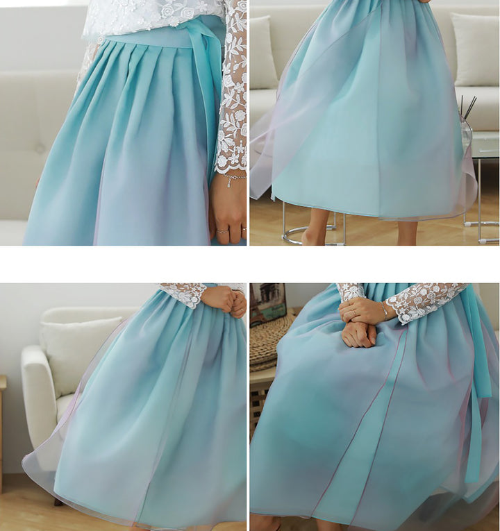 Korean Modern Daily Hanbok Casual Modernized Party Celebration Dress Skirt Rainbow Blue Free One Size SSN008