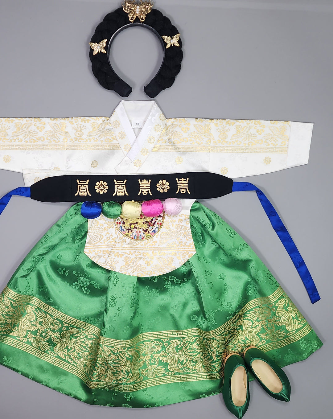 Hanbok Girl Baby Korea Traditional Clothing Set First Birthday Celebration Party Celebration 1–10 Years White Green Skirt Gold Print HG124