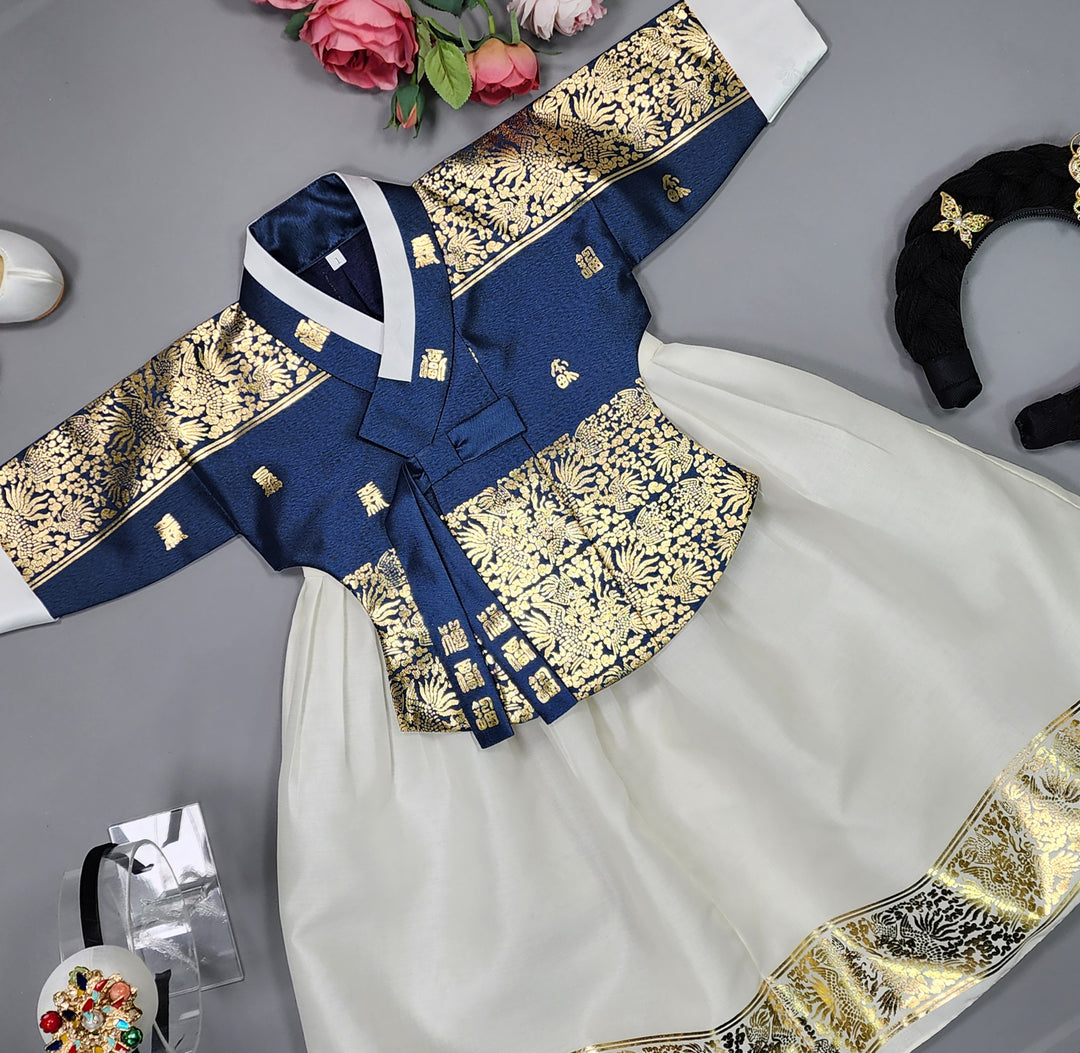 Korea Traditional Hanbok Girl Baby Green-Navy Gold Print Baikil 1–10 Years 1st Birthday Party GOG102