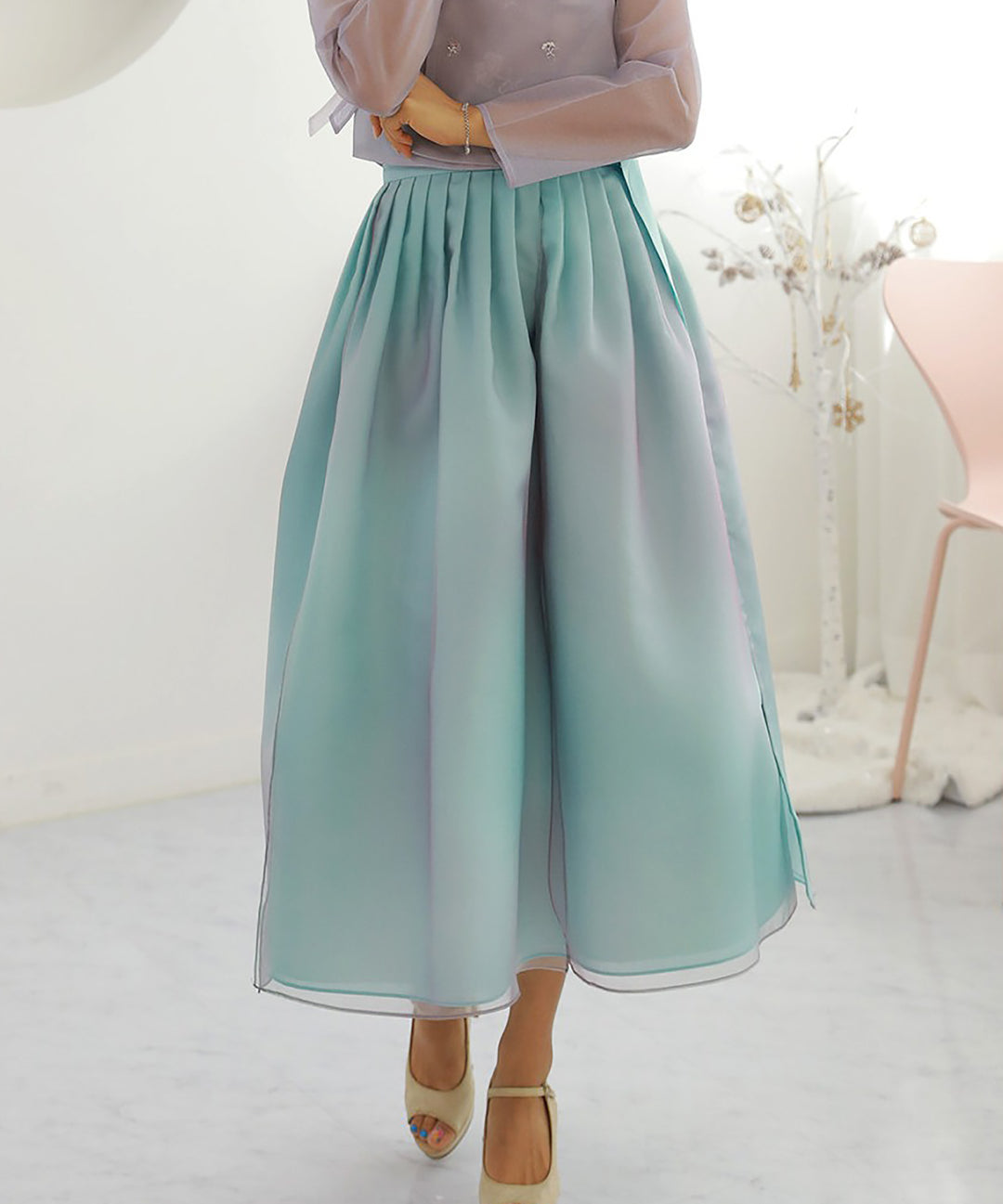 Korean Modern Daily Hanbok Casual Modernized Party Celebration Dress Skirt Rainbow Blue Free One Size SSN008