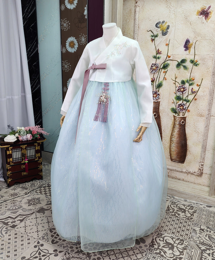 Korean Traditional Woman Personal Custom Hanbok Wedding Party Ceremony Ivory Blue Beads Skirt Hanbok 141