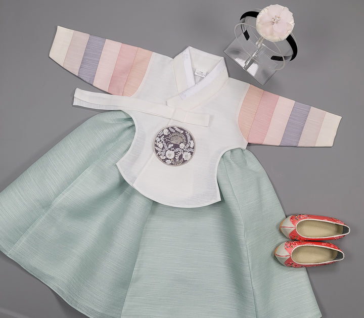 Hanbok Dress Girl Baby Korea Traditional Clothing Set First Birthday Celebration Party 100th Birth1–15 years Ivory 색동 Mint HG153