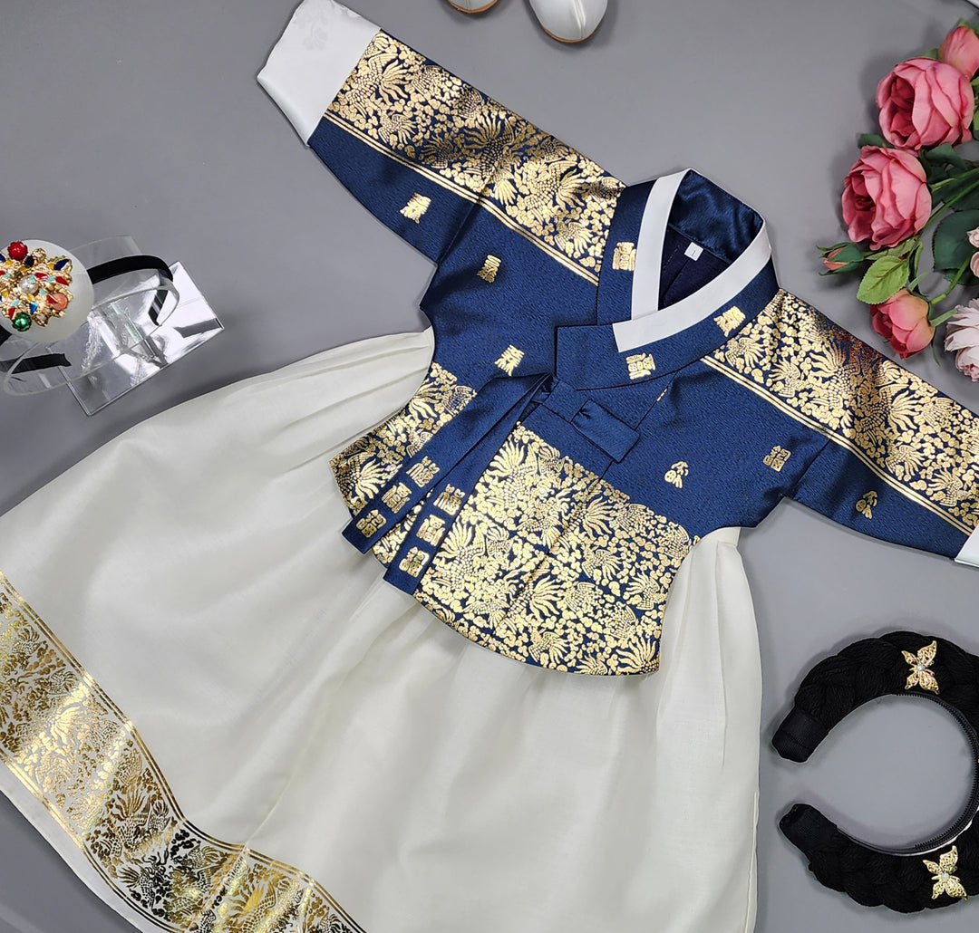 Korea Traditional Hanbok Girl Baby Green-Navy Gold Print Baikil 1–10 Years 1st Birthday Party GOG102