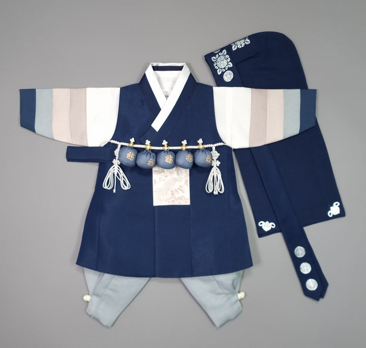 Korean Traditional Boy Baby Hanbok Dol Baikil Party Celebration 100th Days 1-15 Ages Navy 색동 HGB113