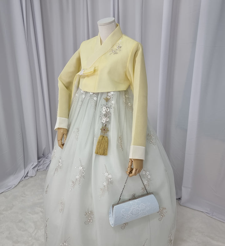 Woman Hanbok Dress Korea Traditional clothes Set Wedding Ceremony Birthday Custom-Made Yellow Beads OSW554