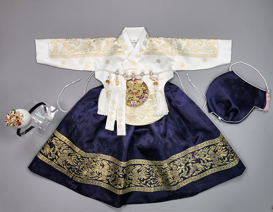 Hanbok Girl Baby Korea Traditional Clothing Set First Birthday Celebration Party Celebration 1–10 Years White Navy Gold Print HG113