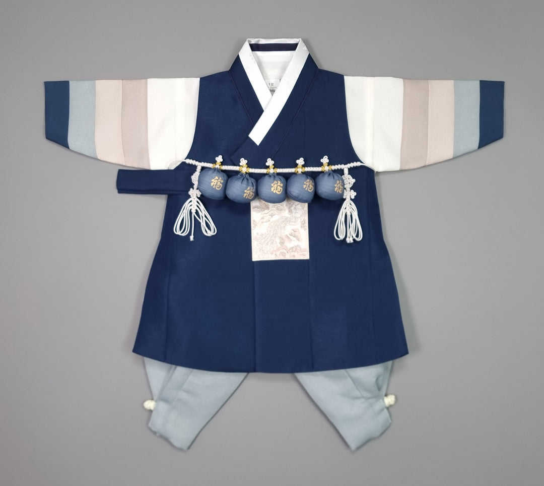 Korean Traditional Boy Baby Hanbok Dol Baikil Party Celebration 100th Days 1-15 Ages Navy 색동 HGB113