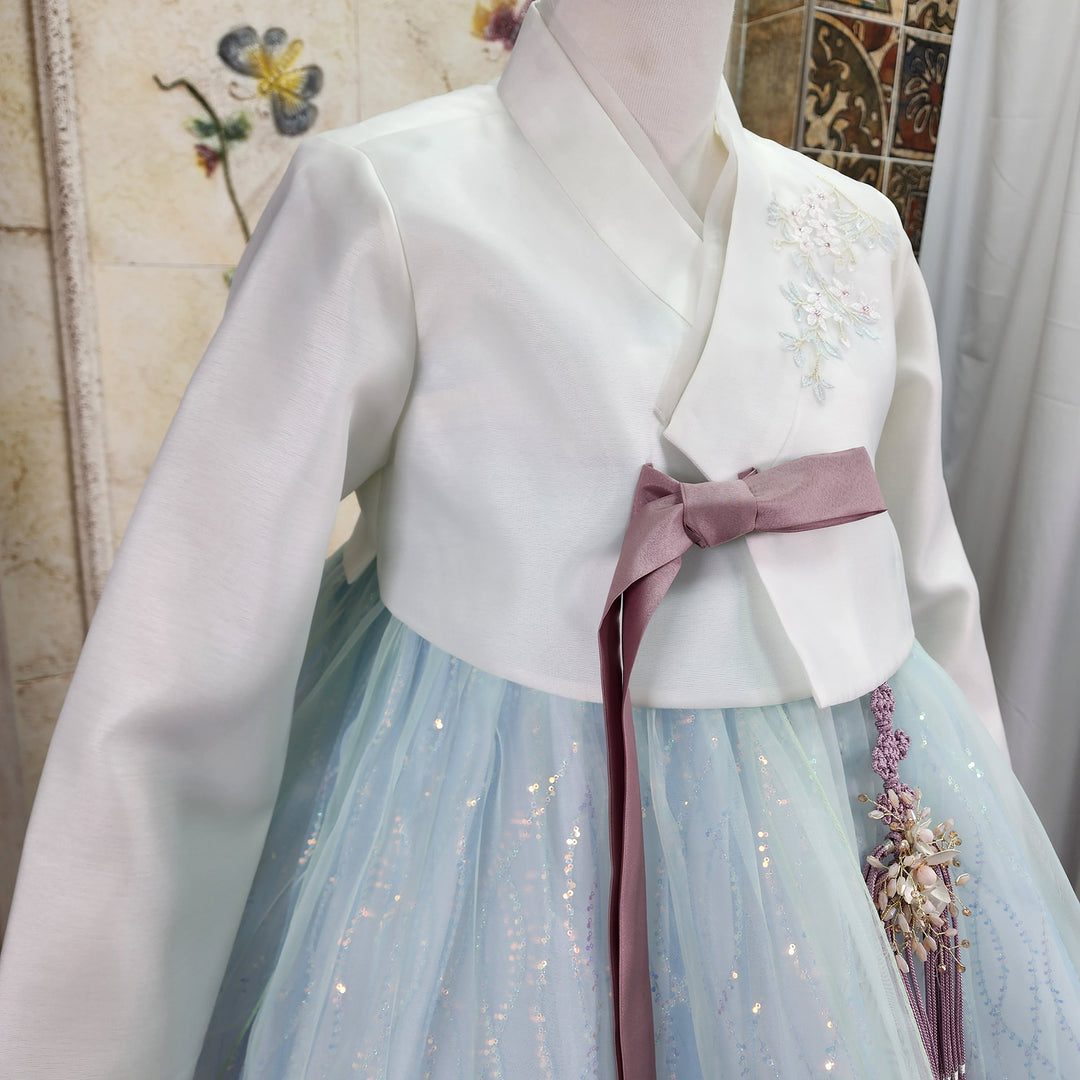 Korean Traditional Woman Personal Custom Hanbok Wedding Party Ceremony Ivory Blue Beads Skirt Hanbok 141