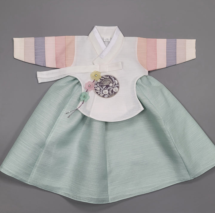 Hanbok Dress Girl Baby Korea Traditional Clothing Set First Birthday Celebration Party 100th Birth1–15 years Ivory 색동 Mint HG153