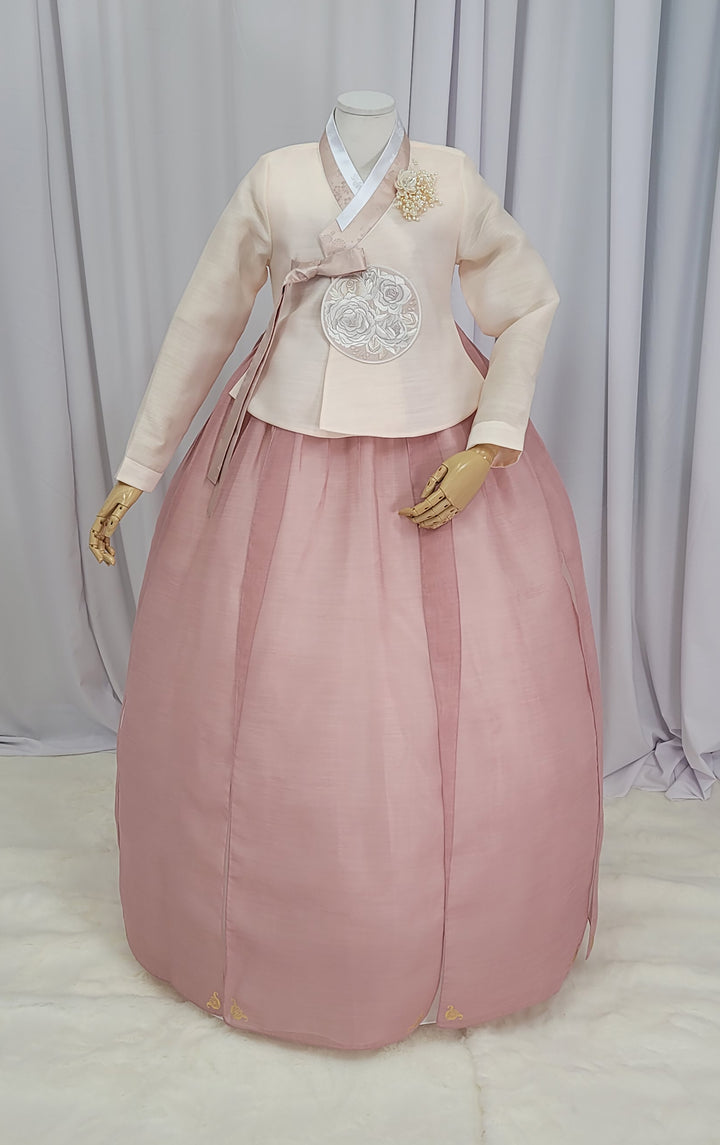 Korean Traditional Fancy Woman Personal Custom Hanbok Wedding Party Ceremony Mom Daughter Couple Look Beige Dark Pink Hanbok OSF135