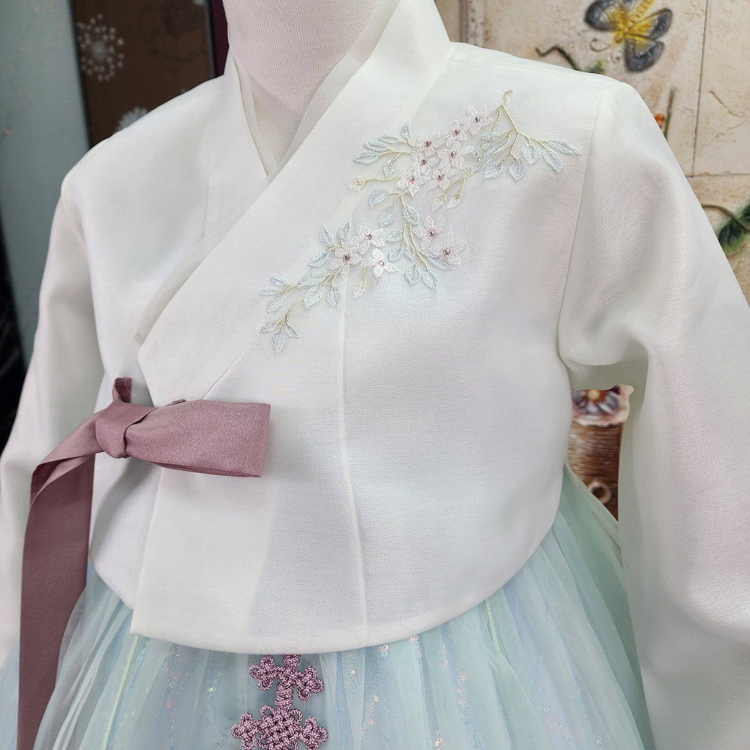 Korean Traditional Woman Personal Custom Hanbok Wedding Party Ceremony Ivory Blue Beads Skirt Hanbok 141