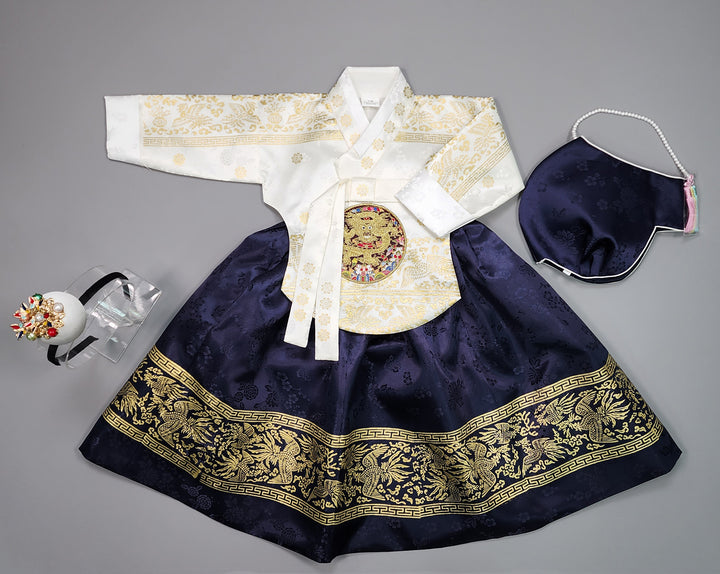 Hanbok Girl Baby Korea Traditional Clothing Set First Birthday Celebration Party Celebration 1–10 Years White Navy Gold Print HG113