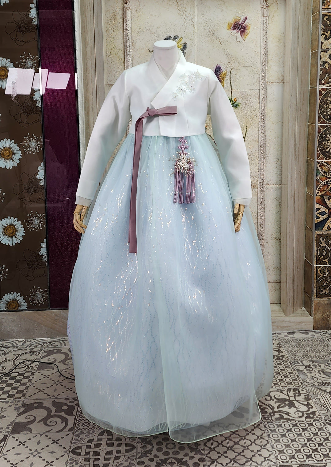 Korean Traditional Woman Personal Custom Hanbok Wedding Party Ceremony Ivory Blue Beads Skirt Hanbok 141