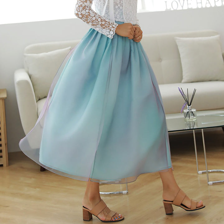 Korean Modern Daily Hanbok Casual Modernized Party Celebration Dress Skirt Rainbow Blue Free One Size SSN008