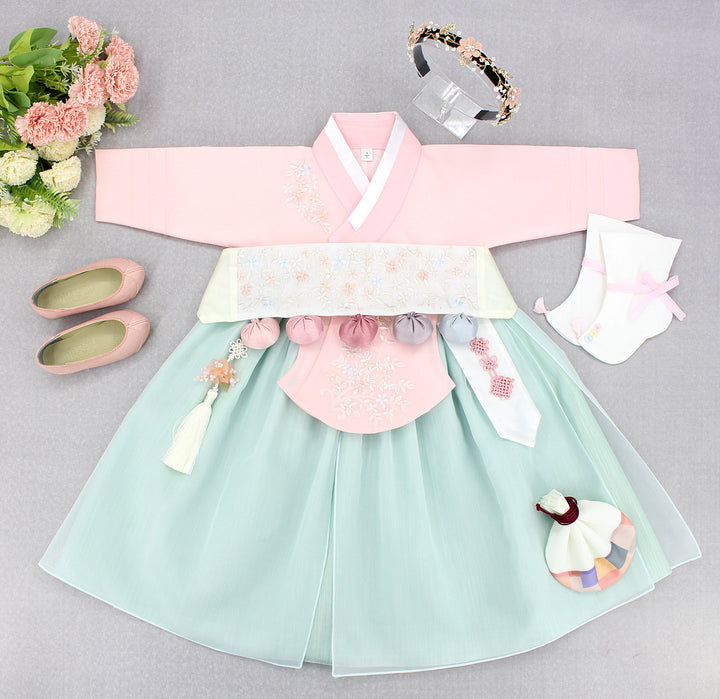 Hanbok Girl Baby Korea Traditional Clothing Set First Birthday Celebration Party Celebration 1–8 years Pink Mint Embroidery DGH107