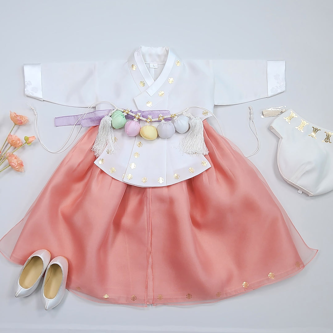 Korea Traditional Hanbok Twin Sister Girl Baby Peach Gold Print Baikil 1–10 Years 1st Birthday Party GOG209