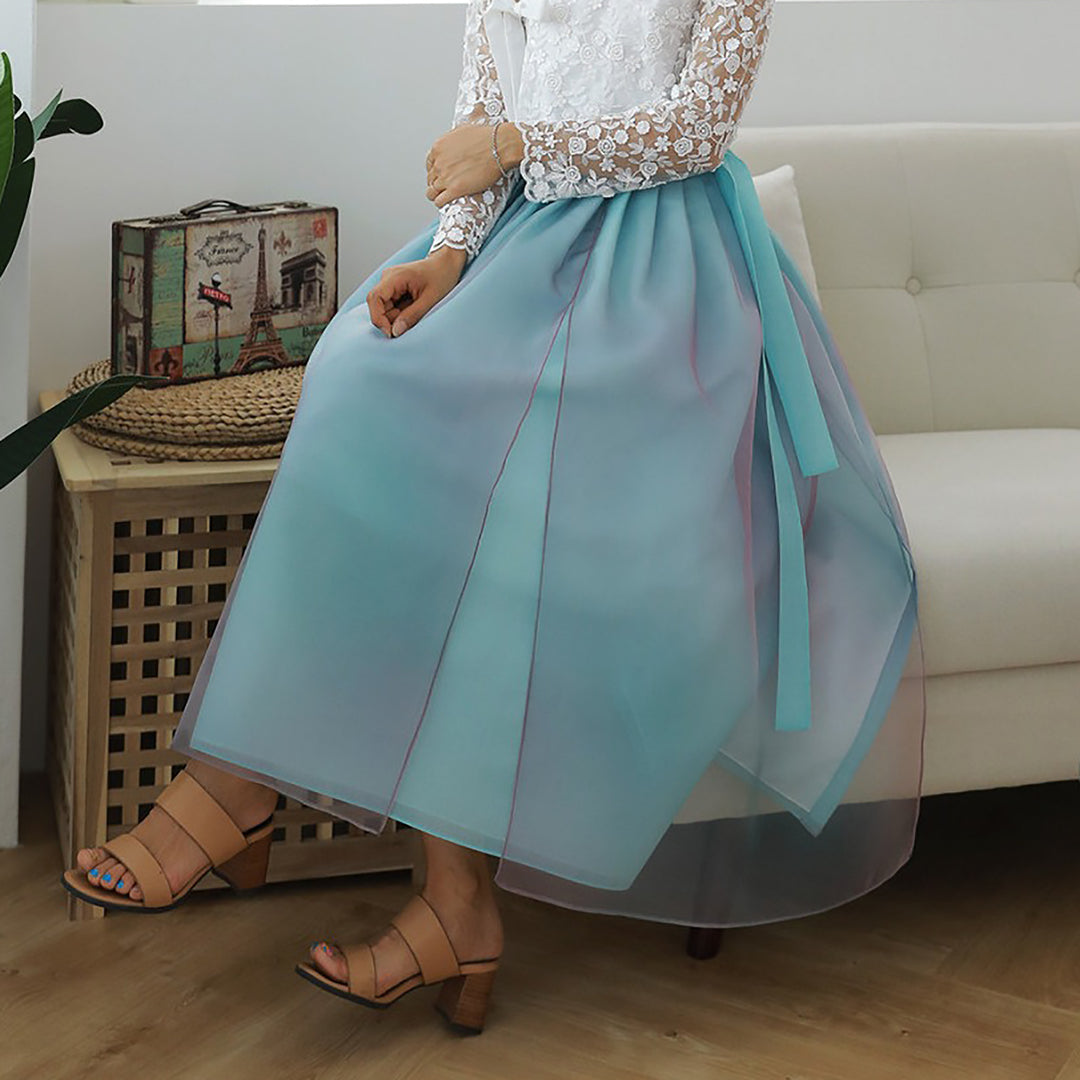 Korean Modern Daily Hanbok Casual Modernized Party Celebration Dress Skirt Rainbow Blue Free One Size SSN008