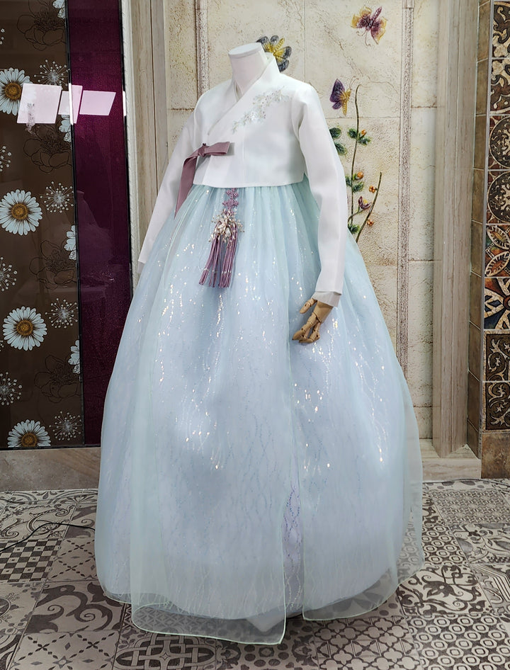 Korean Traditional Woman Personal Custom Hanbok Wedding Party Ceremony Ivory Blue Beads Skirt Hanbok 141