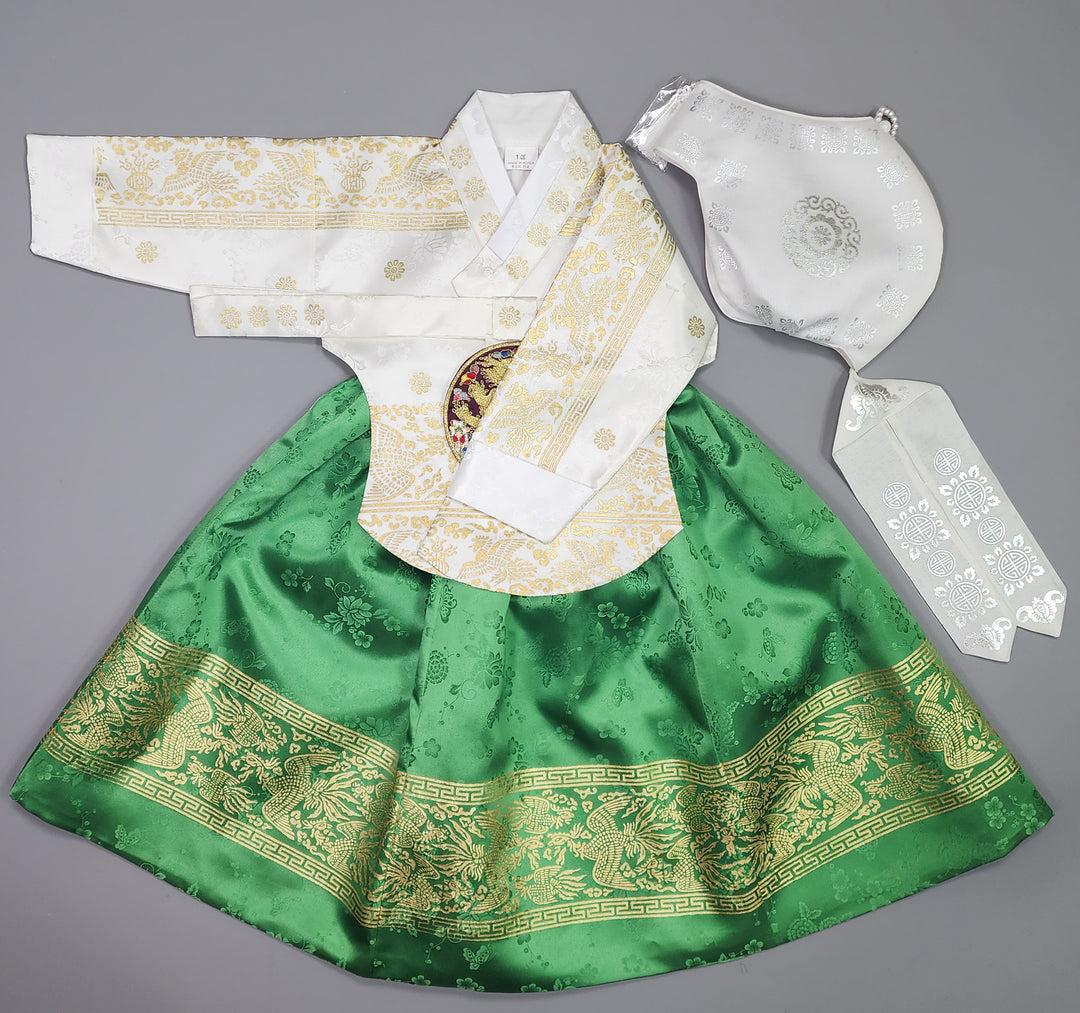 Hanbok Girl Baby Korea Traditional Clothing Set First Birthday Celebration Party Celebration 1–10 Years White Green Skirt Gold Print HG124