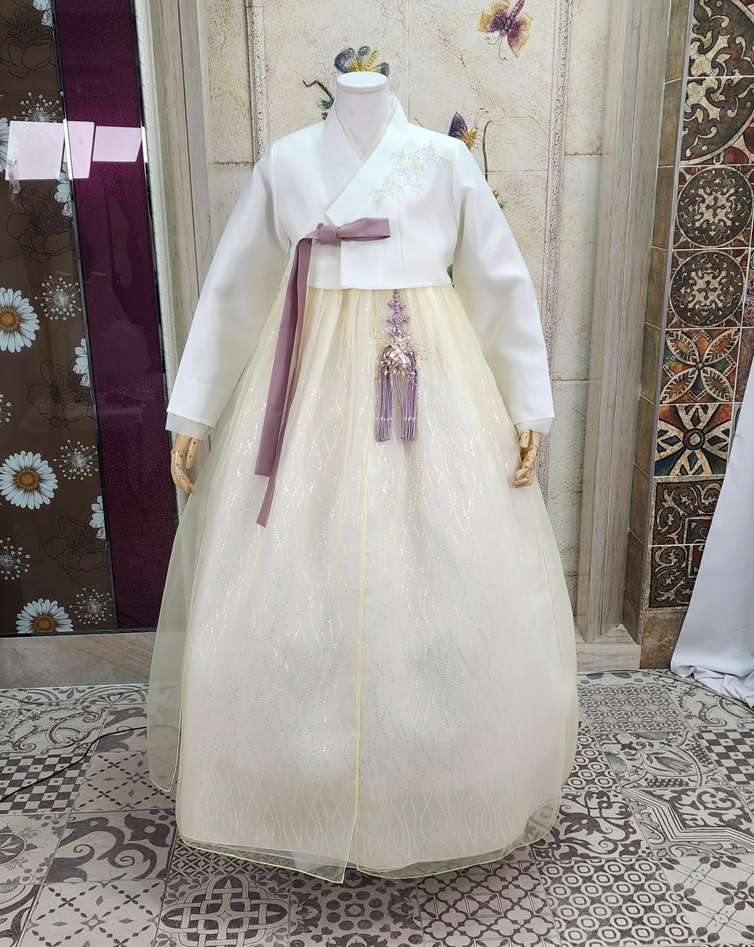 Korean Traditional Woman Personal Custom Hanbok Wedding Party Ceremony Ivory Yellow Beads Skirt Hanbok 317