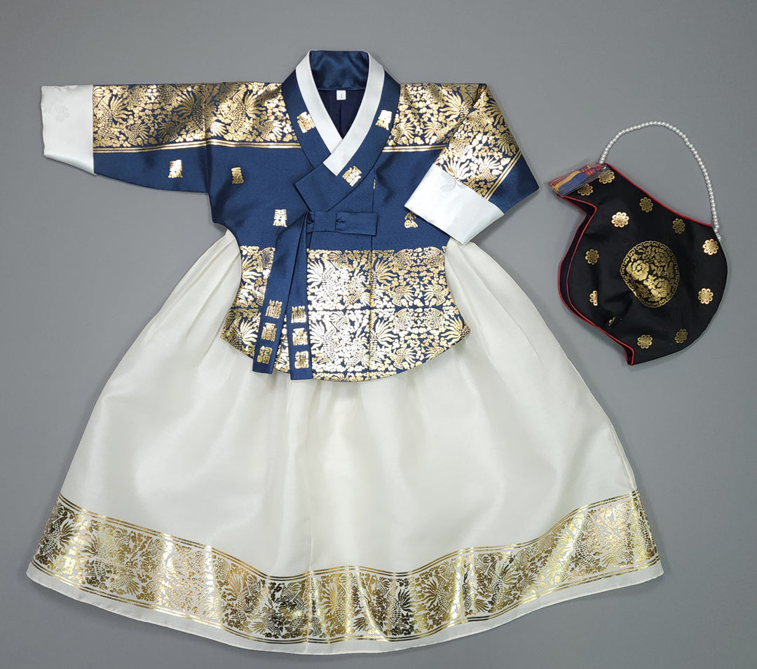 Korea Traditional Hanbok Girl Baby Green-Navy Gold Print Baikil 1–10 Years 1st Birthday Party GOG102