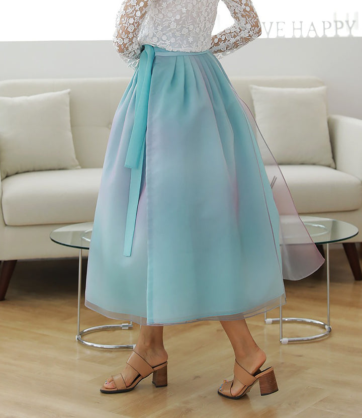 Korean Modern Daily Hanbok Casual Modernized Party Celebration Dress Skirt Rainbow Blue Free One Size SSN008