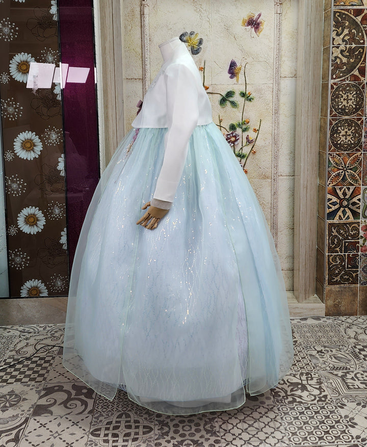 Korean Traditional Woman Personal Custom Hanbok Wedding Party Ceremony Ivory Blue Beads Skirt Hanbok 141