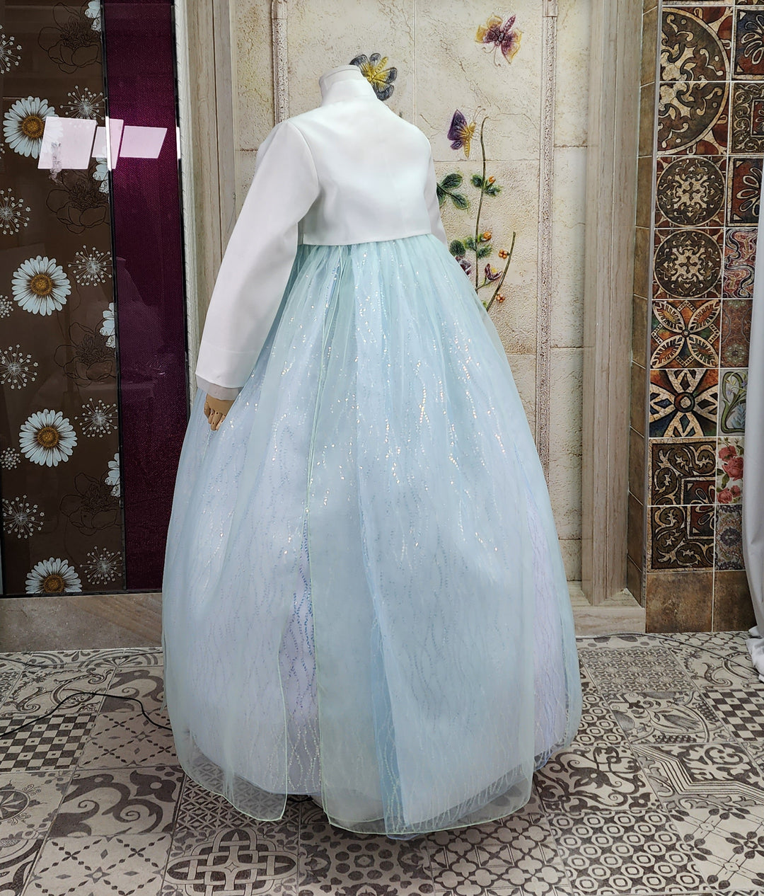 Korean Traditional Woman Personal Custom Hanbok Wedding Party Ceremony Ivory Blue Beads Skirt Hanbok 141