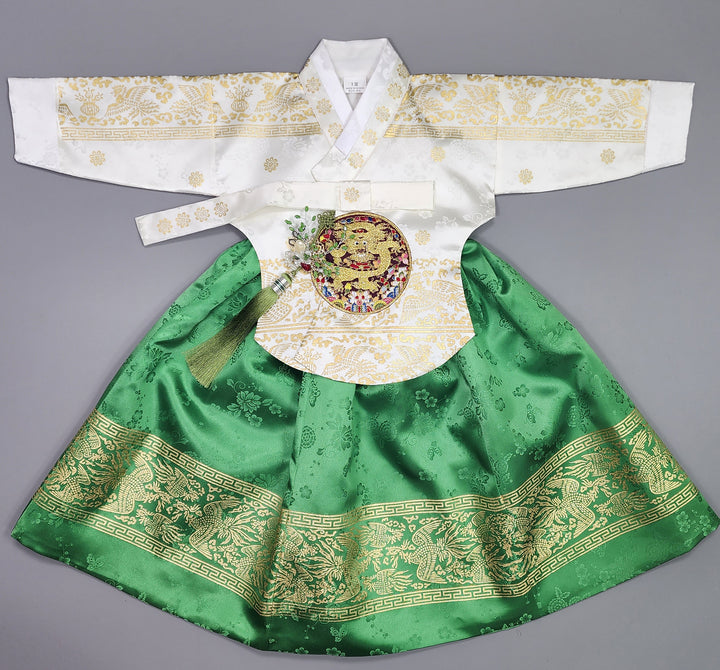 Hanbok Girl Baby Korea Traditional Clothing Set First Birthday Celebration Party Celebration 1–10 Years White Green Skirt Gold Print HG124