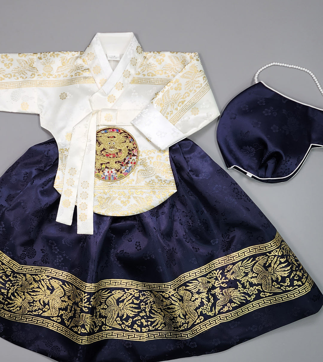 Hanbok Girl Baby Korea Traditional Clothing Set First Birthday Celebration Party Celebration 1–10 Years White Navy Gold Print HG113