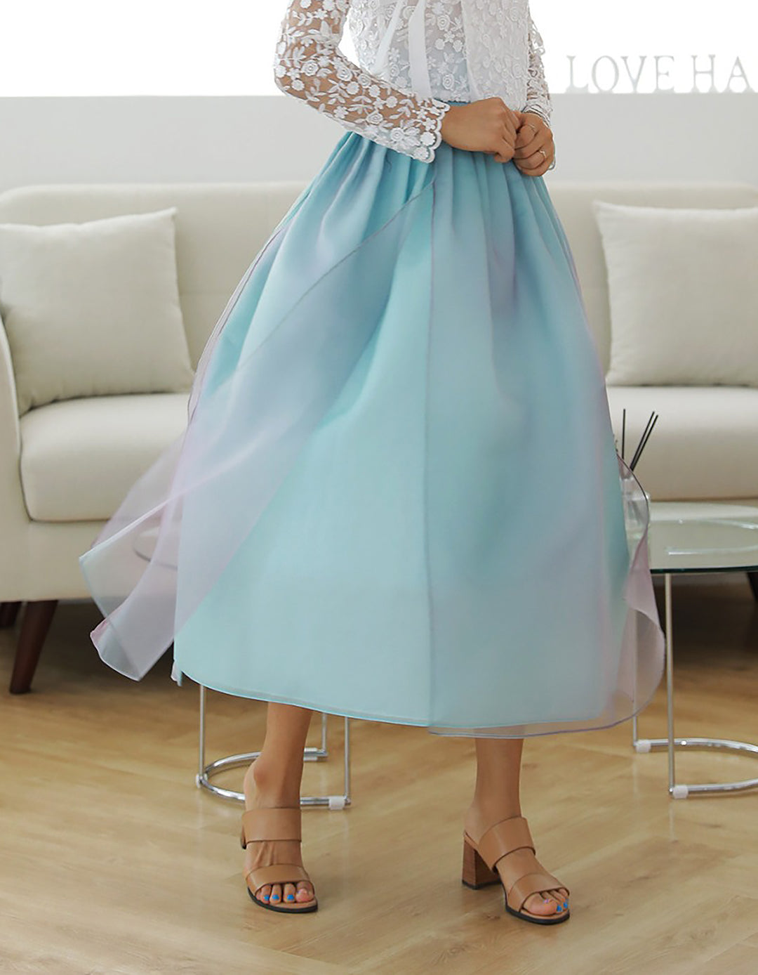 Korean Modern Daily Hanbok Casual Modernized Party Celebration Dress Skirt Rainbow Blue Free One Size SSN008