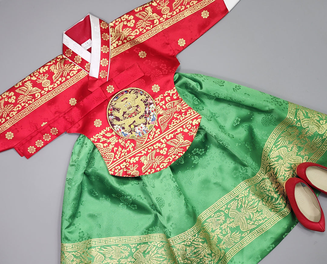 Hanbok Girl Baby Korea Traditional Clothing Set First Birthday Celebration Party Celebration 1–10 Years Red Green Skirt Gold Print HG122