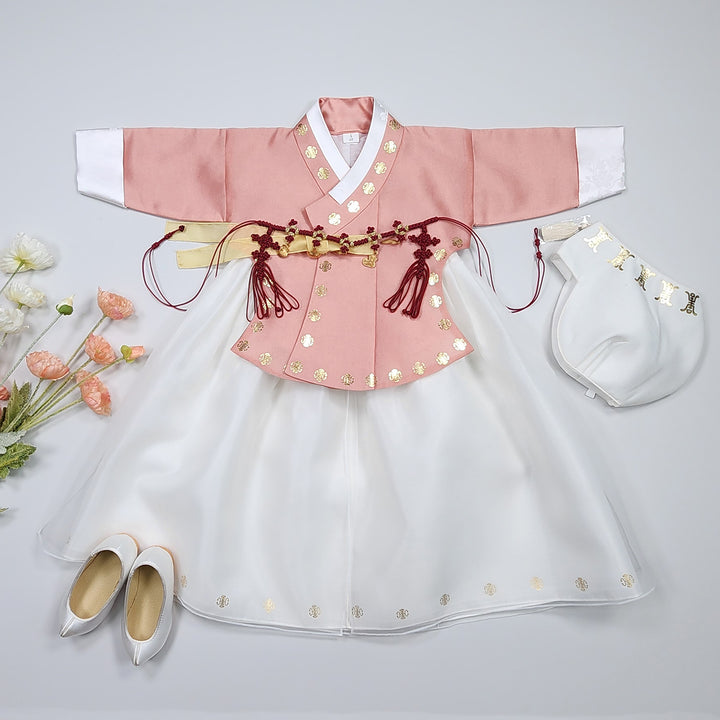 Korea Traditional Hanbok Girl Baby Peach Gold Print Baikil 1–10 Years 1st Birthday Party GOG207