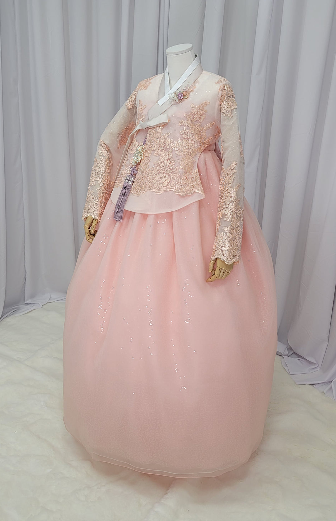 Korean Traditional Fancy Woman Personal Custom Hanbok Wedding Party Ceremony Mom Daughter Couple Look Pink Peach Lace Hanbok OSF138